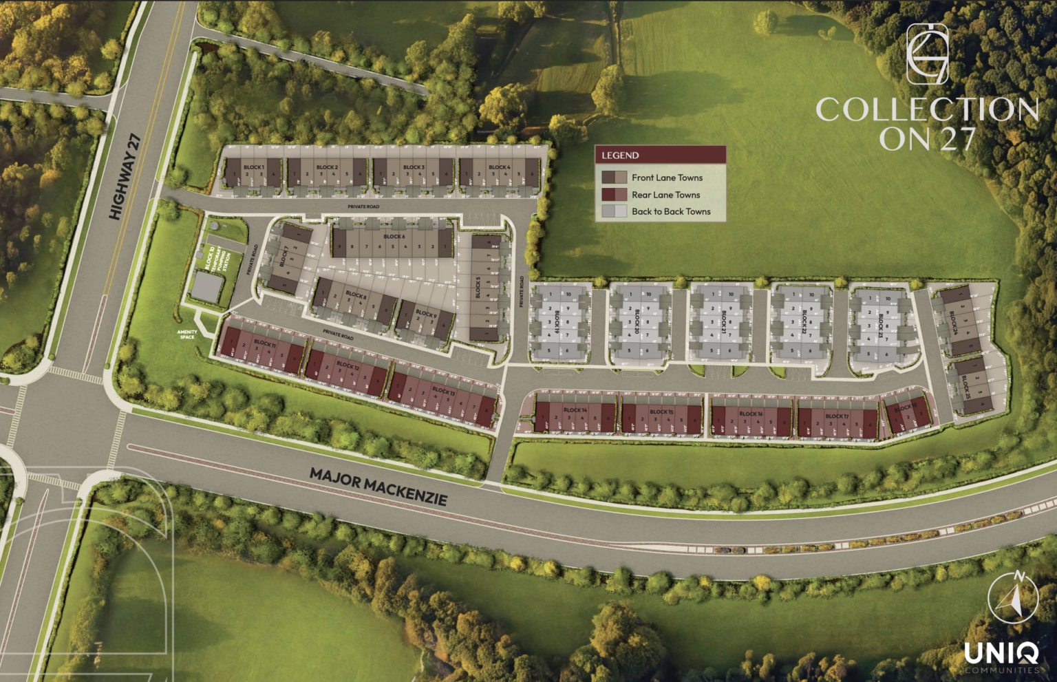 Collection on 27 builder concept site plan showing townhome blocks at Highway 27 and Major Mackenzie Drive